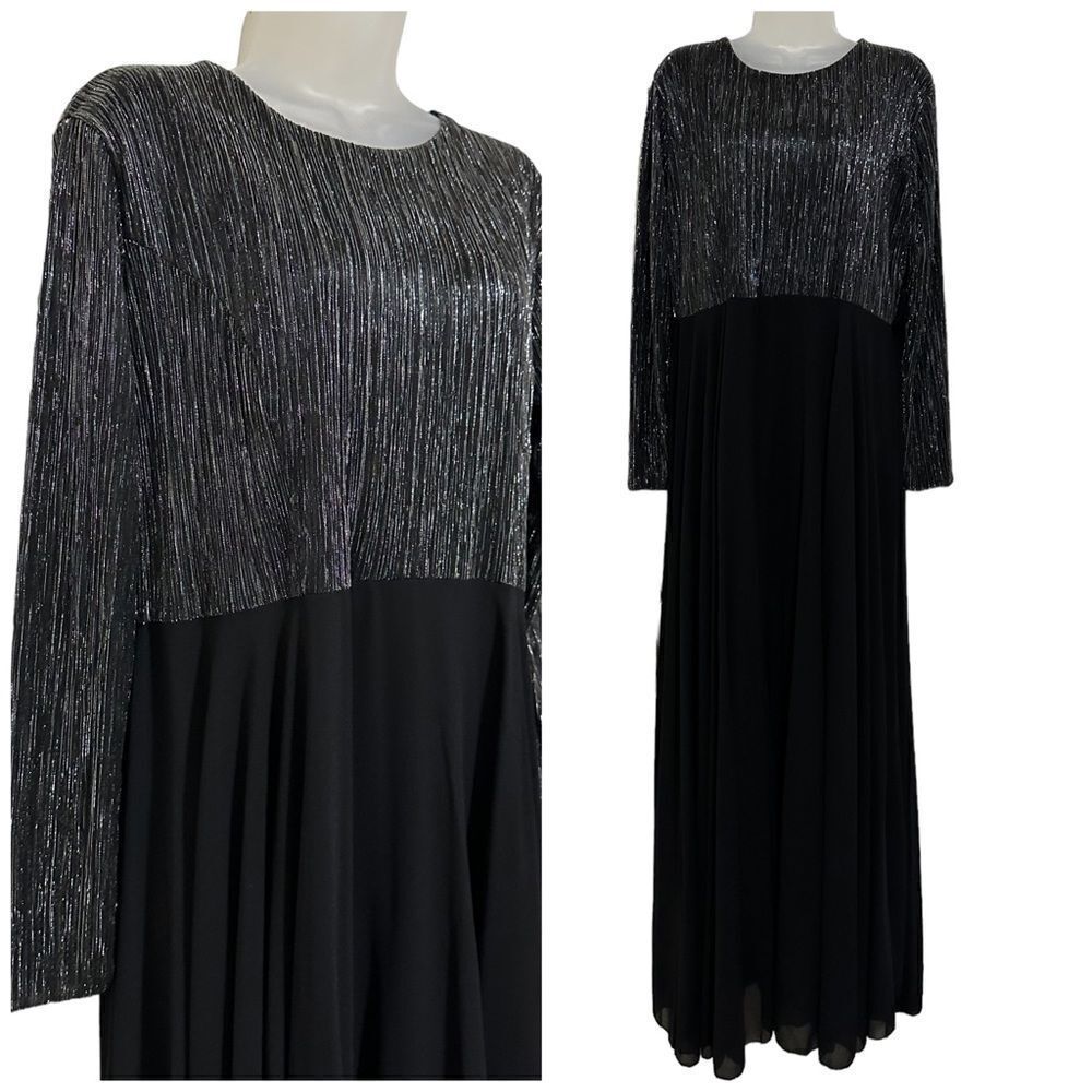 Formal Black Metallic Evening Shiny Wedding Long Sleeved Maxi Gown Silver Dress